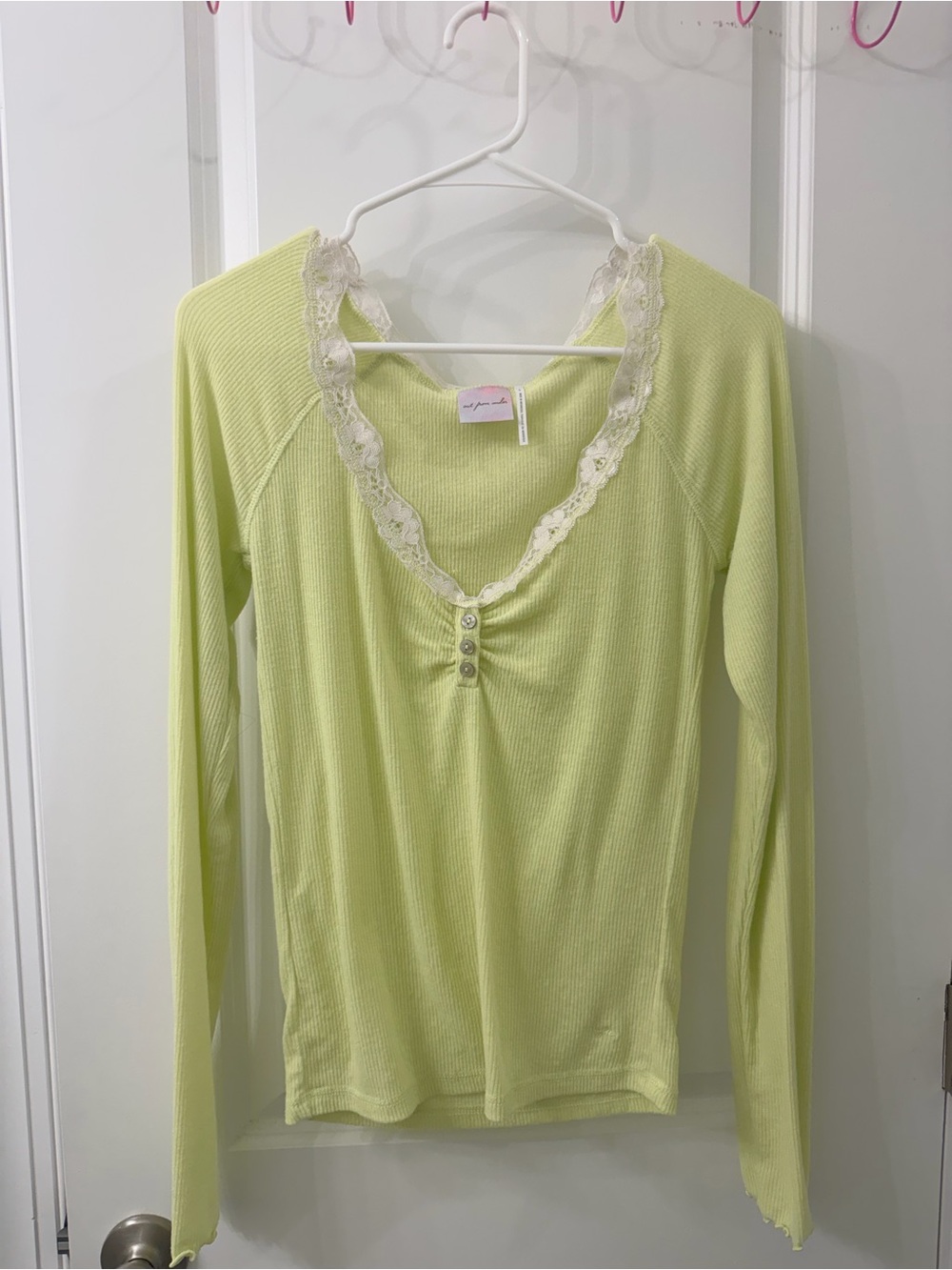 Out From Under Lace Trim Ribbed Long Sleeve Top Lime Yellow Size L